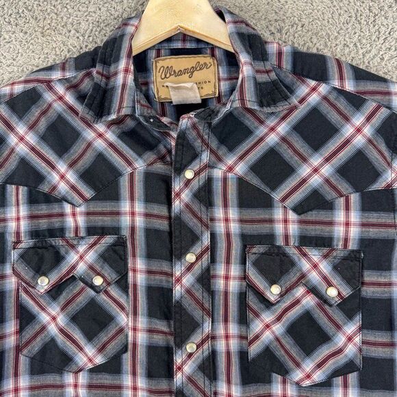 Wrangler Western Shirt Mens Medium Black Plaid Pearl Snap Cowboy Ranch Farm Work - Picture 2 of 10